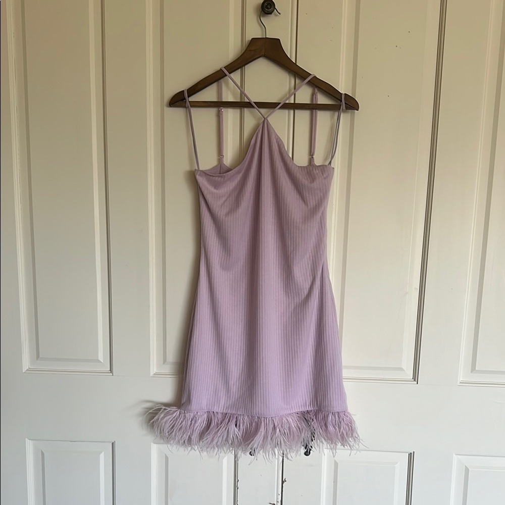 Lavender halter  Dress with Feather Trim